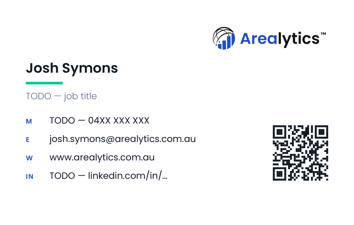 Business card back — name, title, contact details and a QR code on white