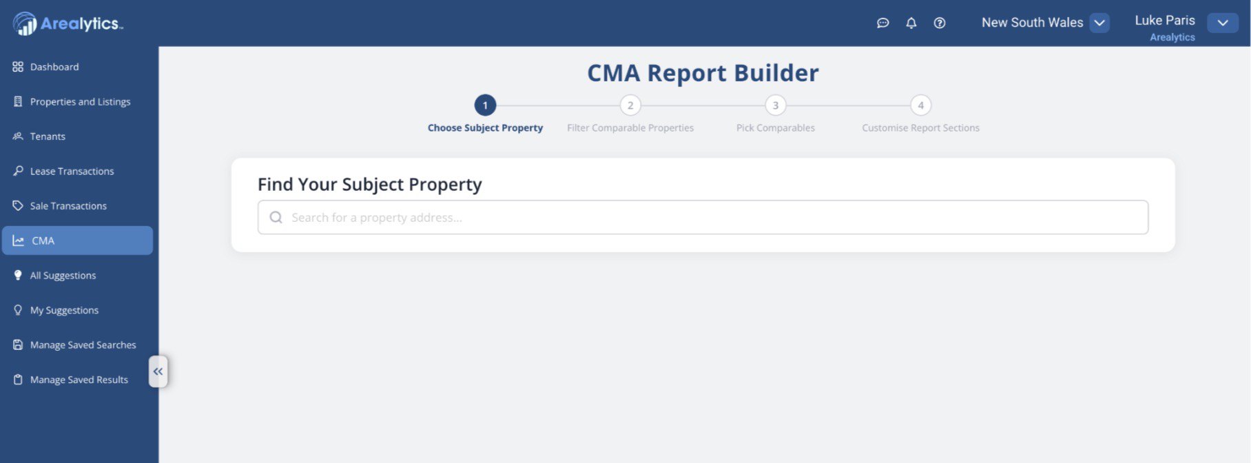 CMA Report Builder — choose subject property