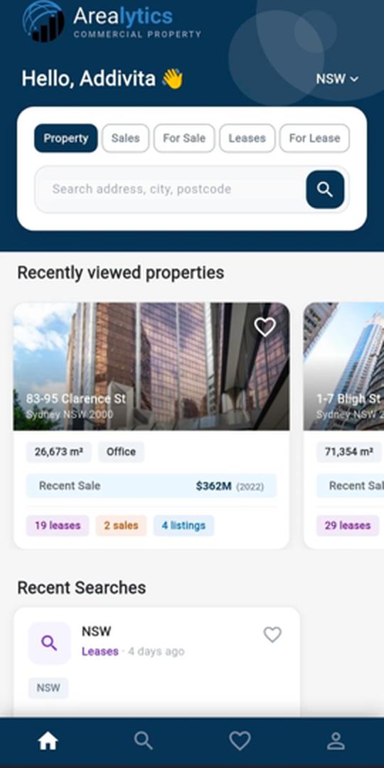 The Arealytics app home screen